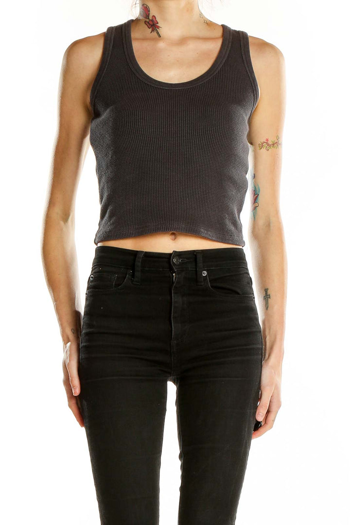 Front view of Madewell charcoal ribbed cropped tank top
