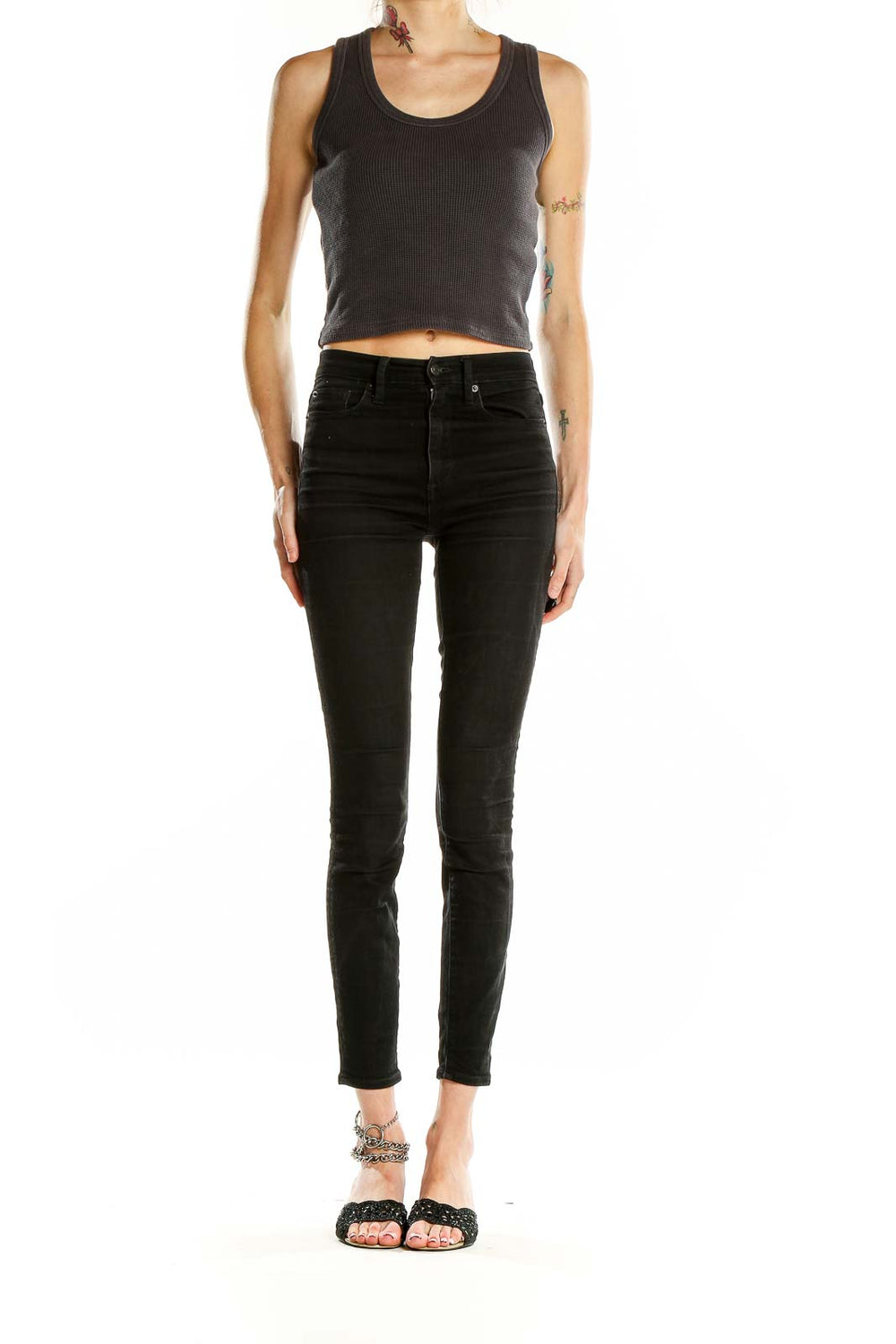 Front view of Madewell charcoal ribbed cropped tank top