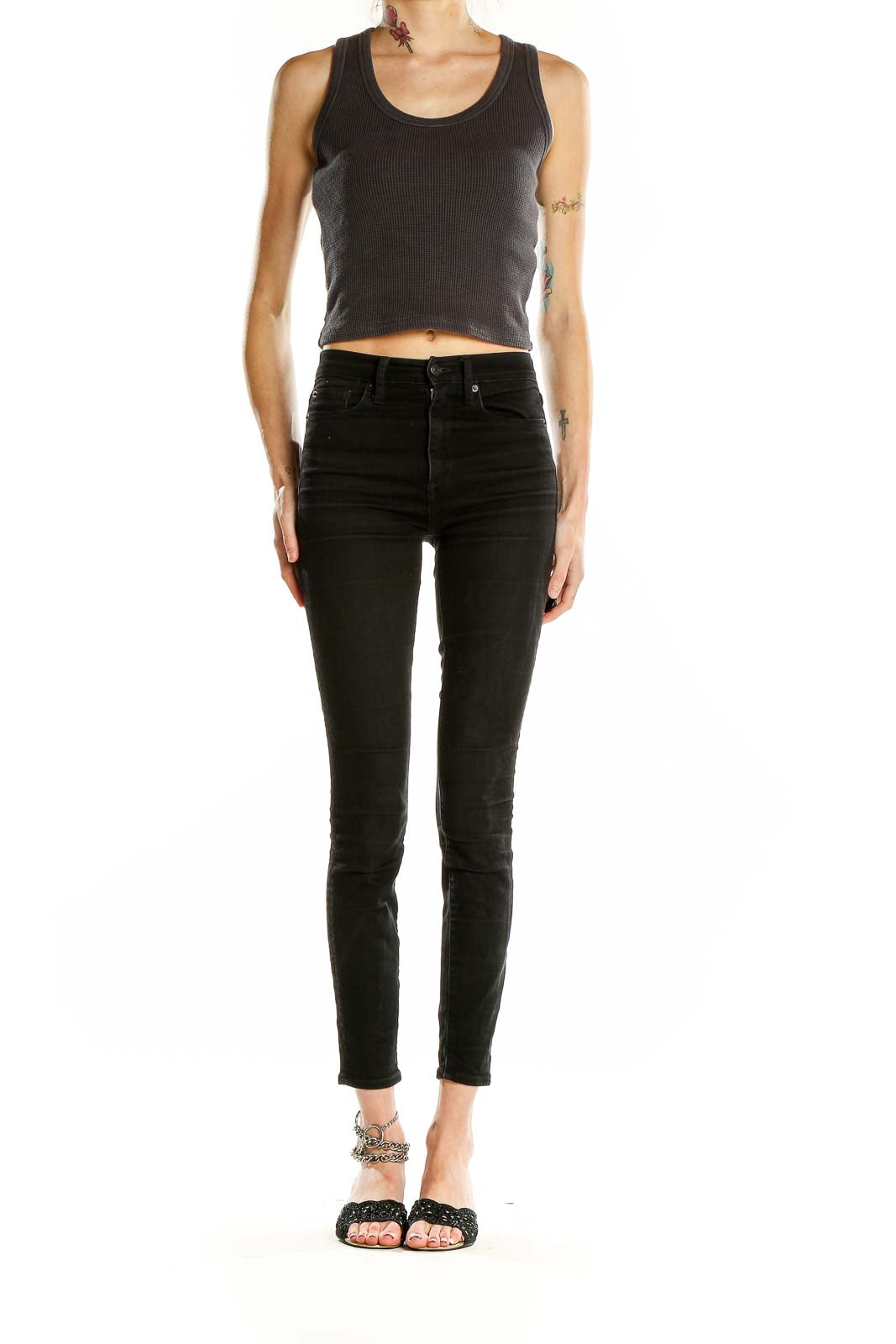 Front view of Madewell charcoal ribbed cropped tank top