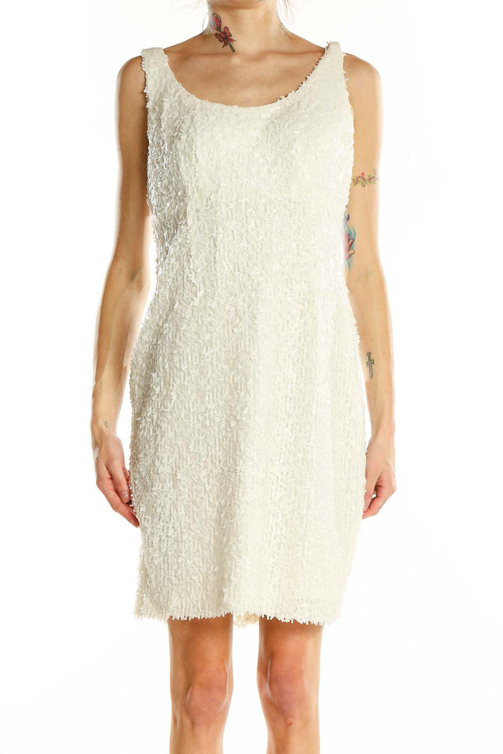 Front view of white textured sleeveless cocktail dress by Suzi Chin for Maggy Boutique