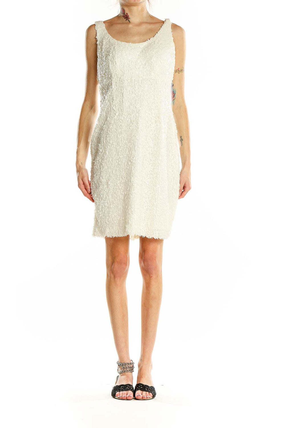 Front view of white textured sleeveless cocktail dress by Suzi Chin for Maggy Boutique