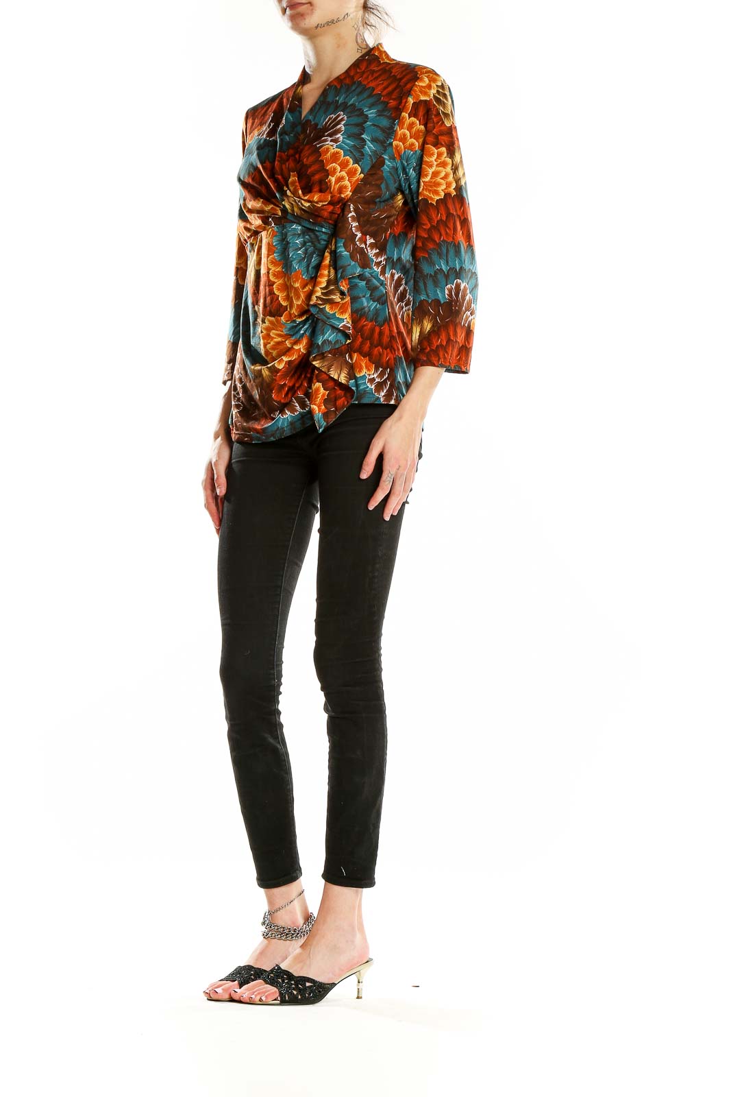 Front view of Wrangler multicolor floral wrap blouse