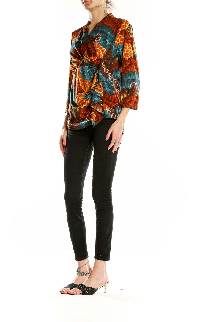 Front view of Wrangler multicolor floral wrap blouse