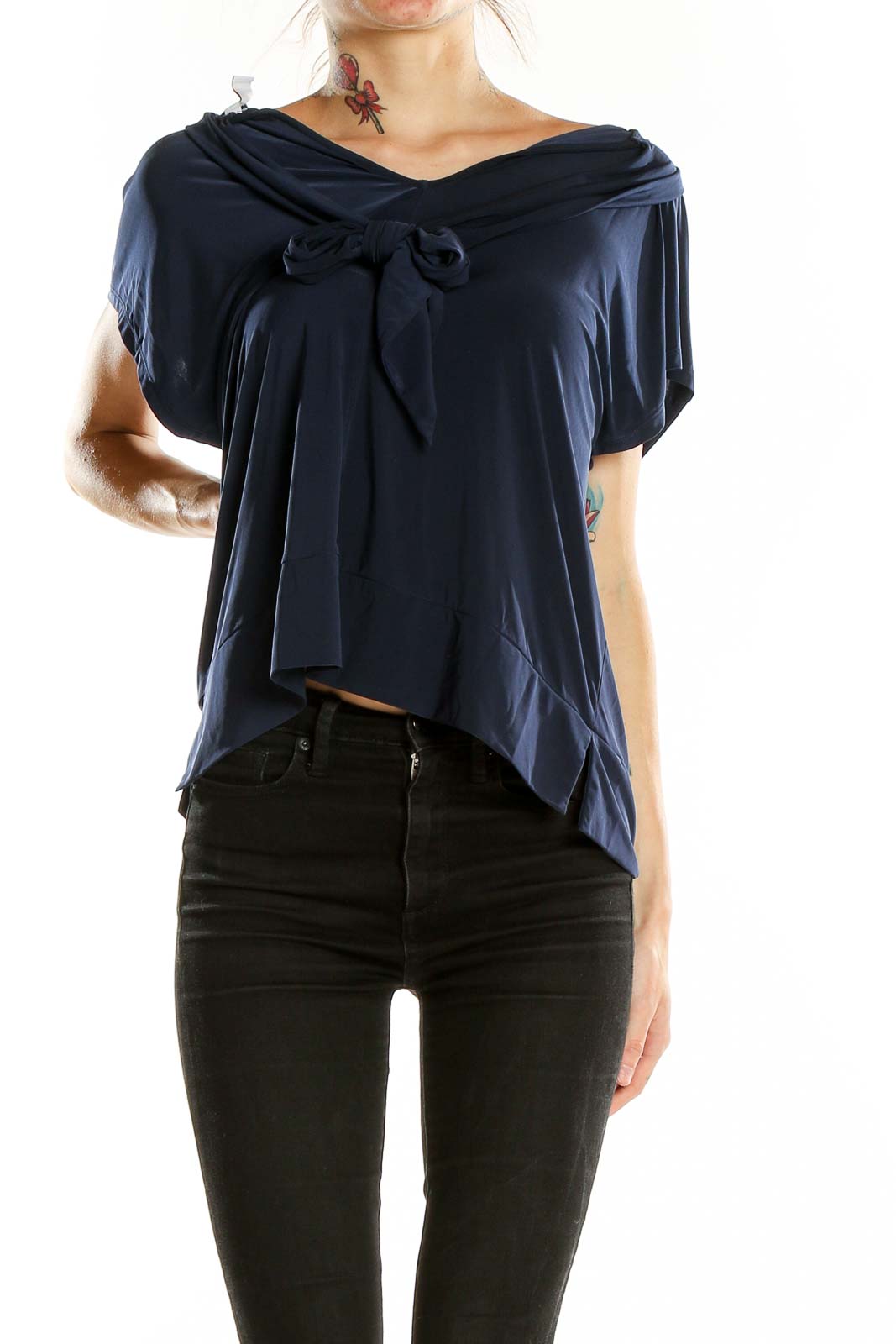Front view of Navy Draped V-Neck Short Sleeve Top by Nine West