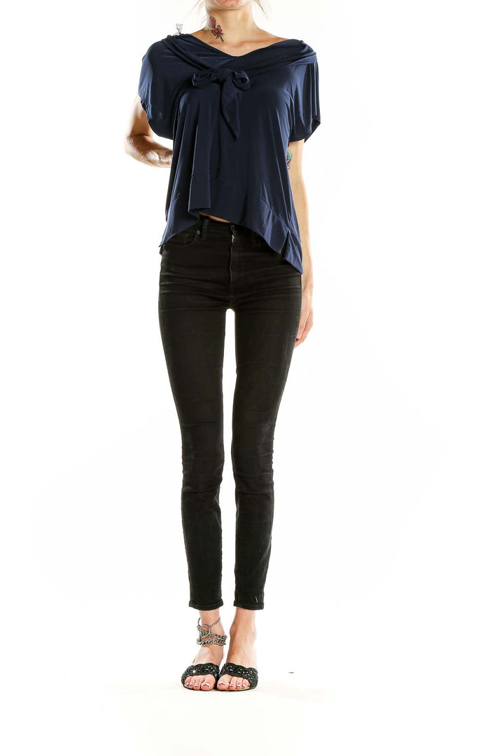 Front view of Navy Draped V-Neck Short Sleeve Top by Nine West