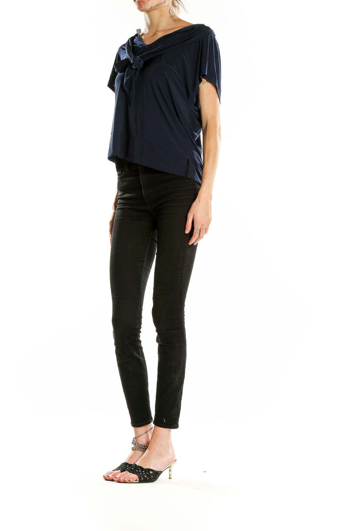 Front view of Navy Draped V-Neck Short Sleeve Top by Nine West