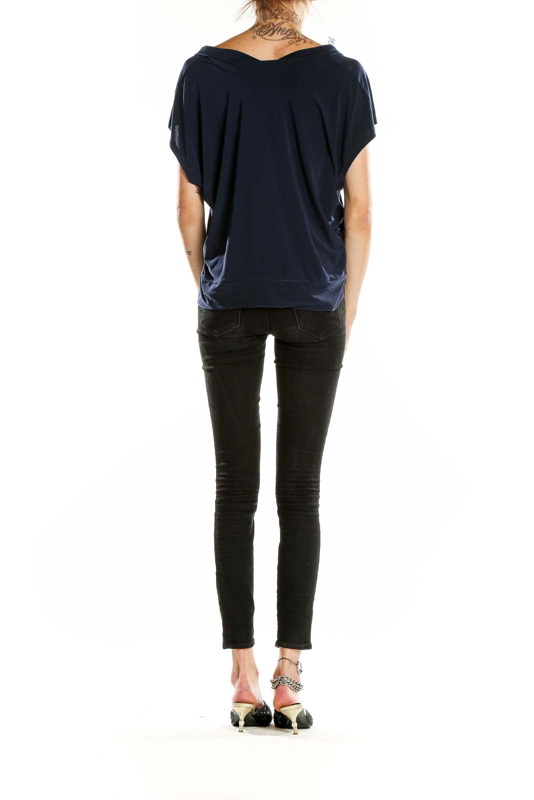 Side view of Navy Draped V-Neck Short Sleeve Top by Nine West on model