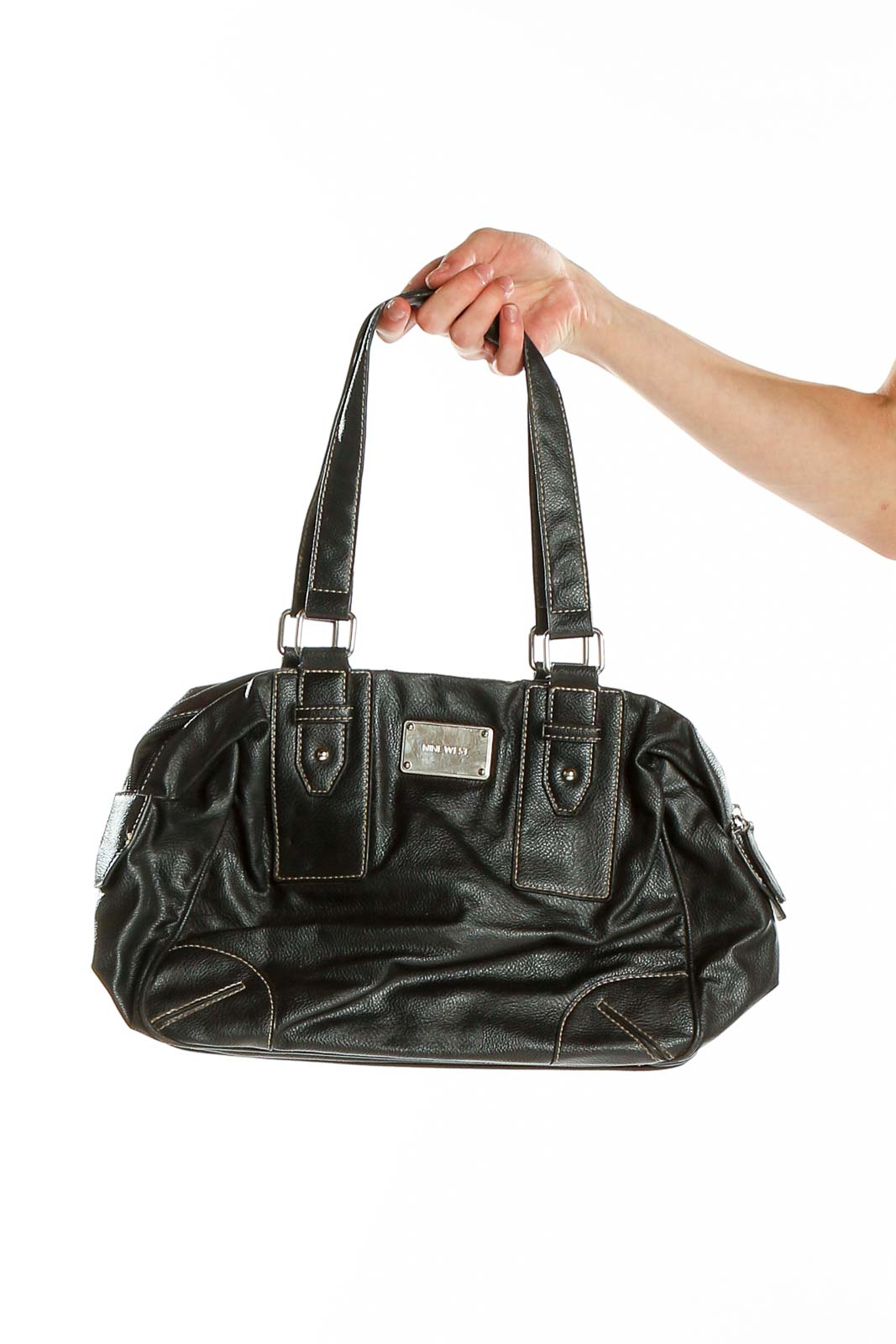 Front view of Nine West black leather shoulder bag