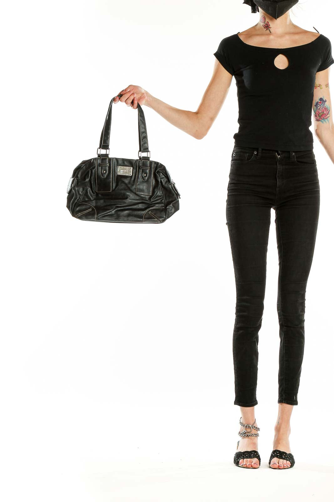 Front view of Nine West black leather shoulder bag