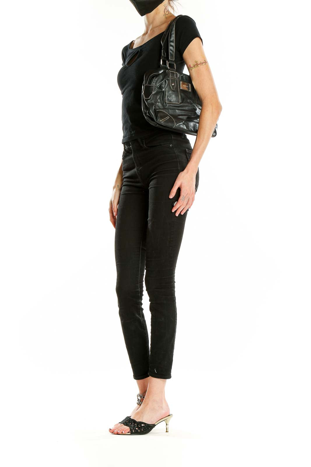Front view of Nine West black leather shoulder bag