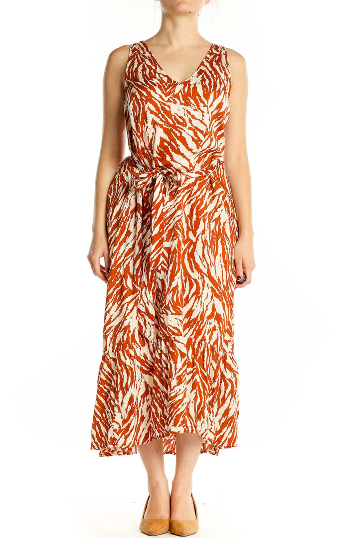 Front view of Gap orange and white zebra print cotton midi dress with V-neck and tie waist