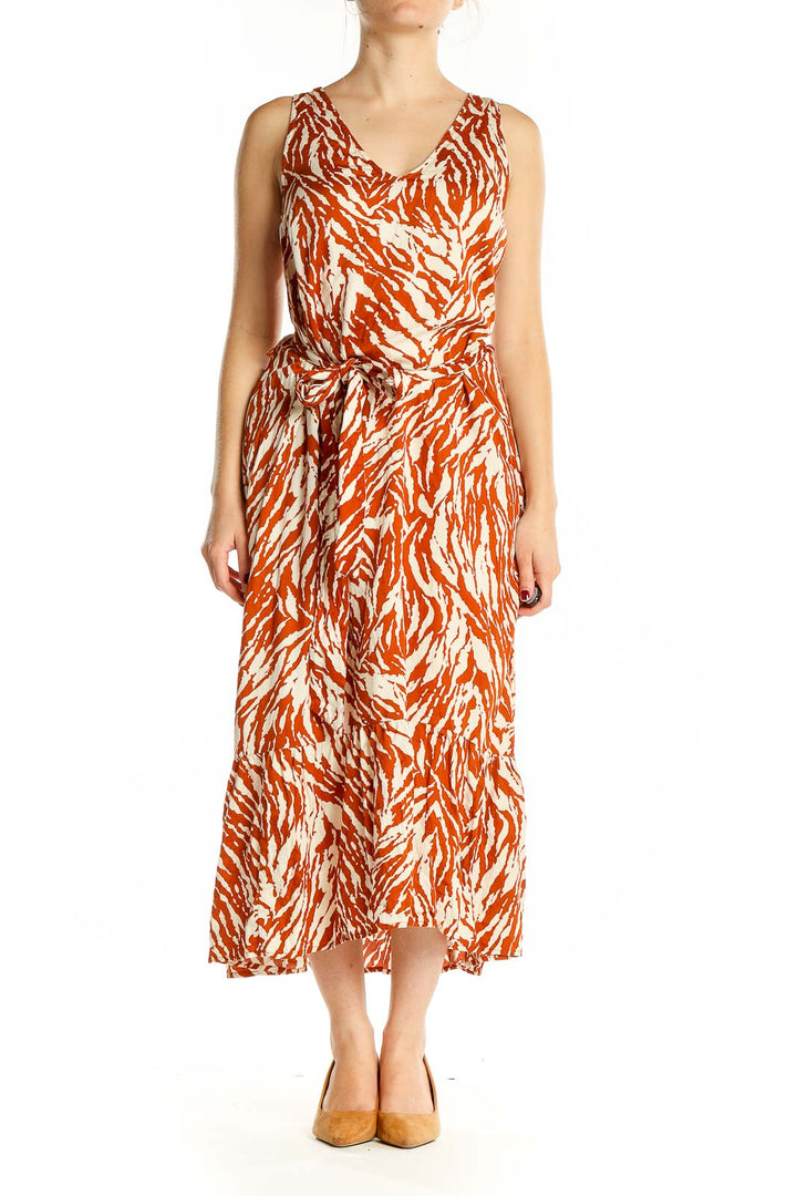 Front view of Gap orange and white zebra print cotton midi dress with V-neck and tie waist