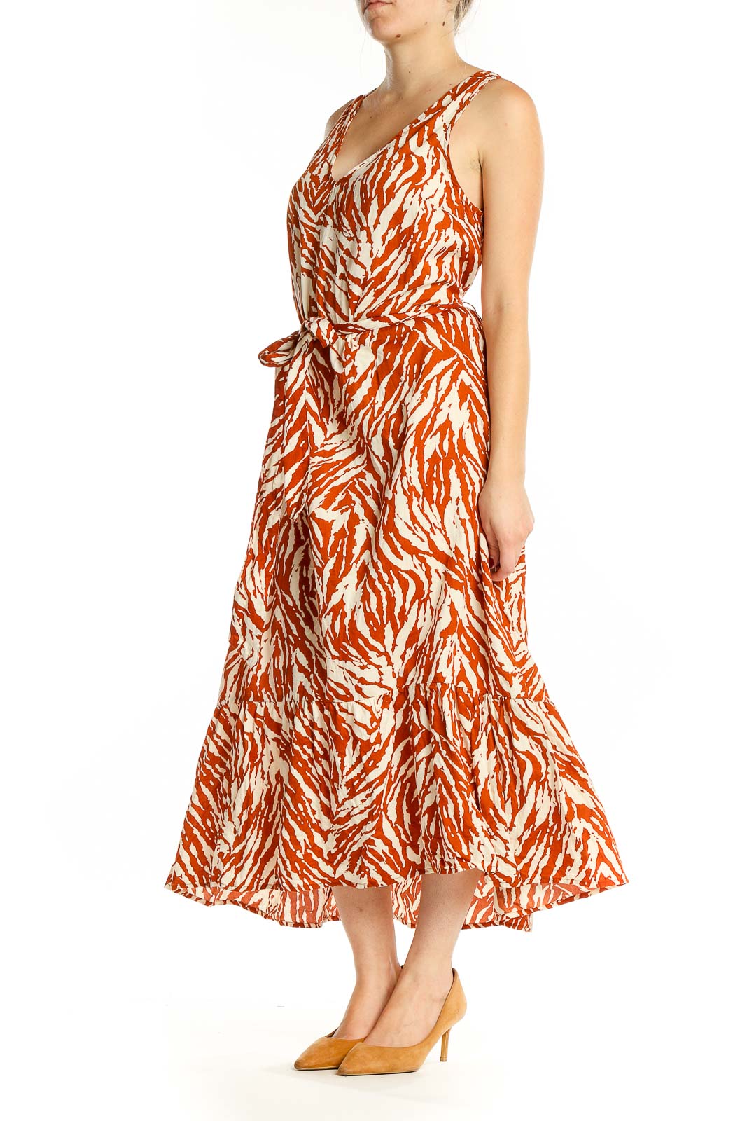 Front view of Gap orange and white zebra print cotton midi dress with V-neck and tie waist