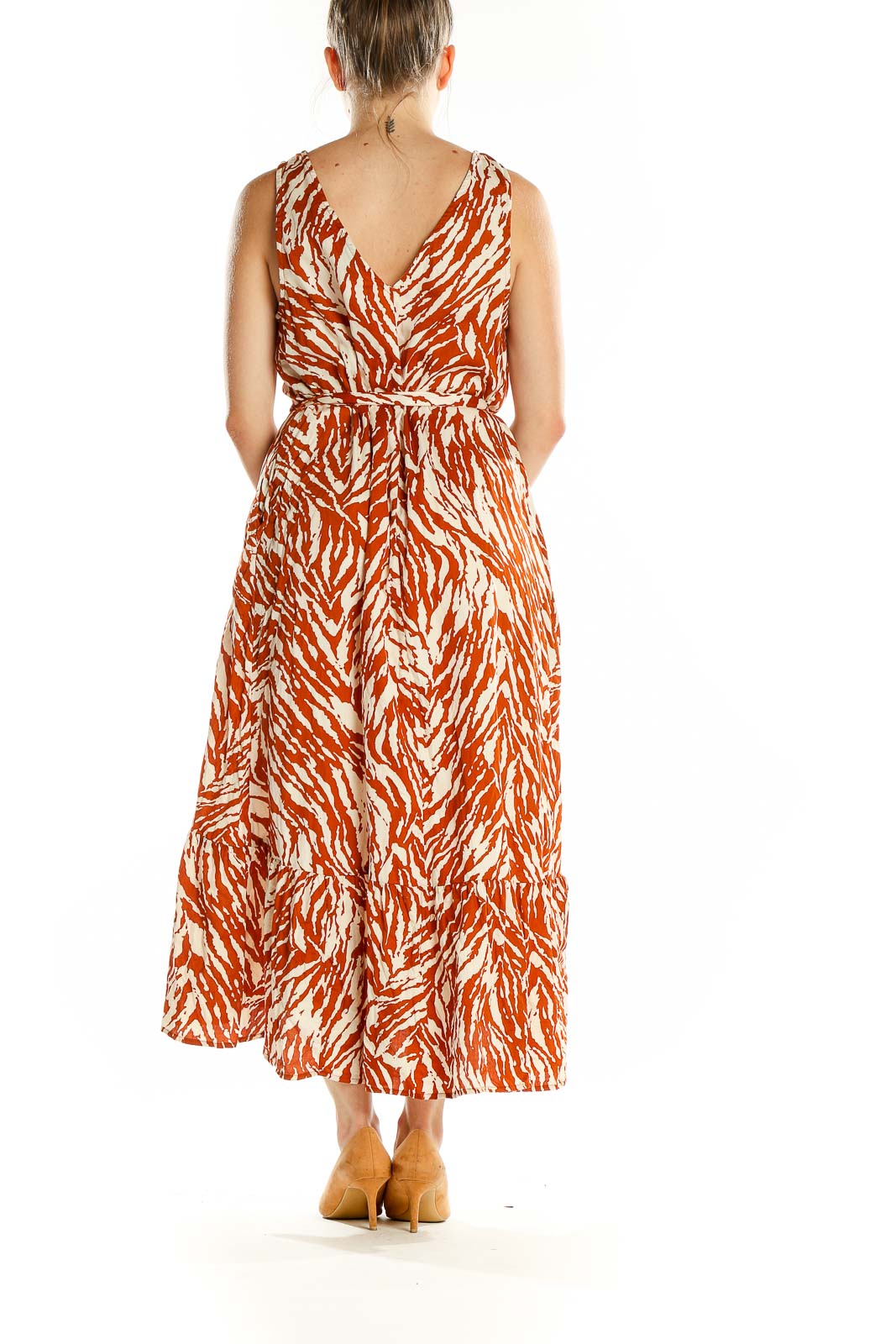 Back view of Gap orange and white zebra print cotton midi dress showing V-neckline and flowy silhouette