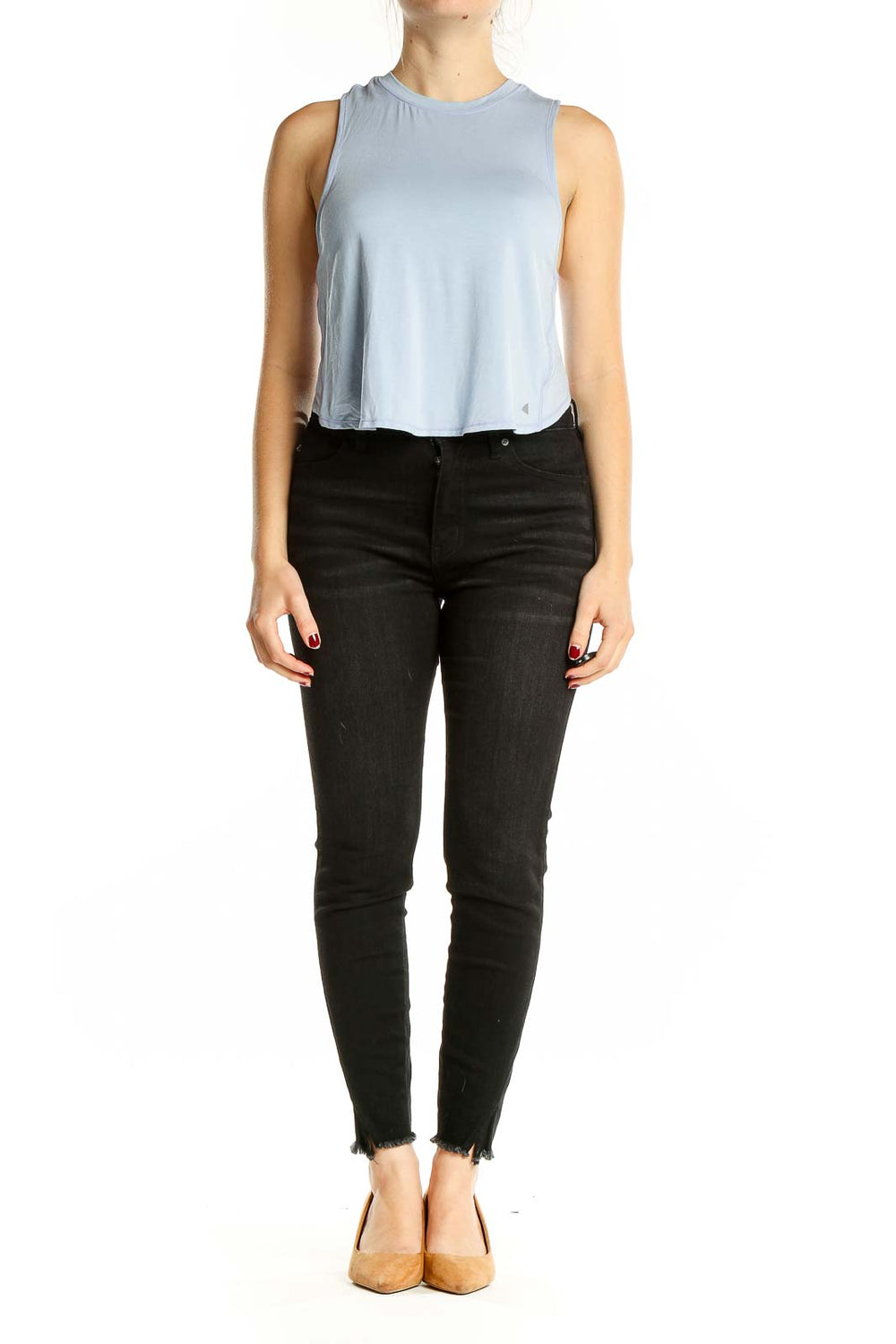 Front view of light blue Vitality cropped athletic tank top
