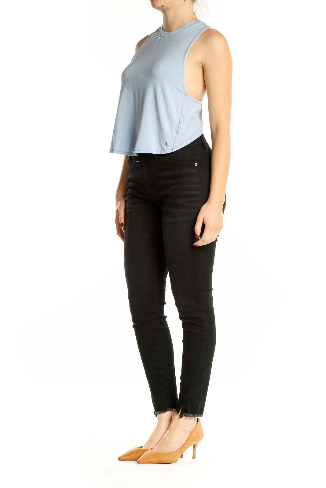 Front view of light blue Vitality cropped athletic tank top
