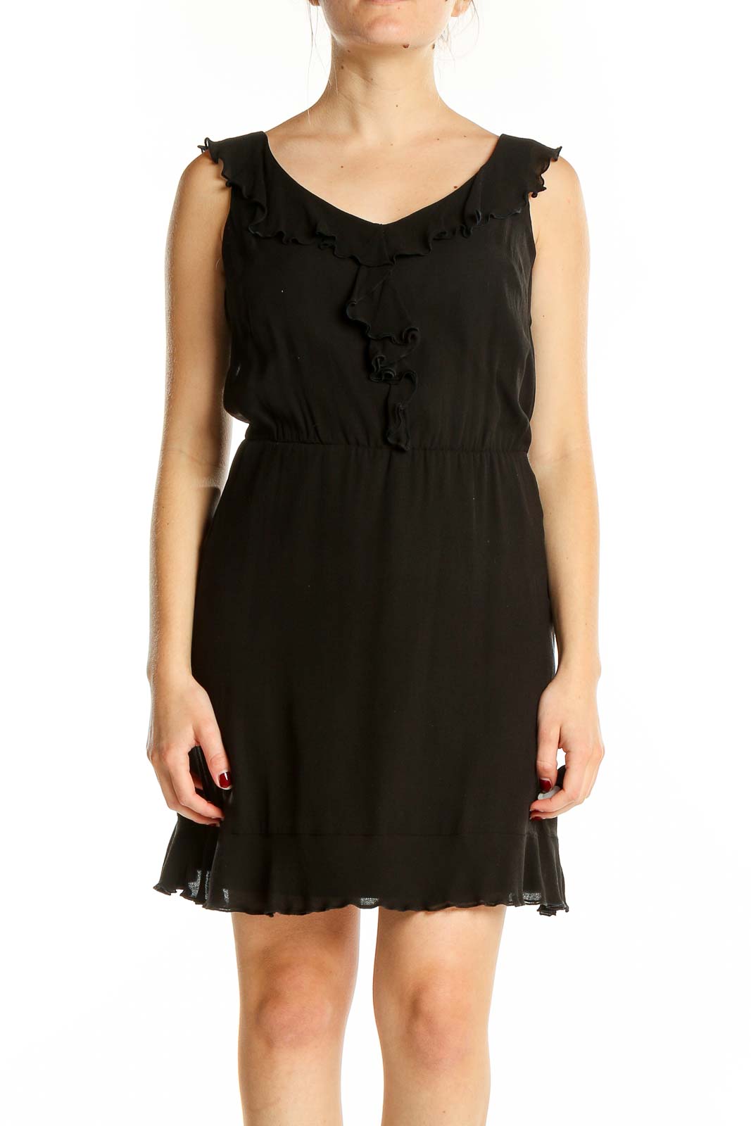 Front view of black ruffled sleeveless cocktail dress by White House Black Market