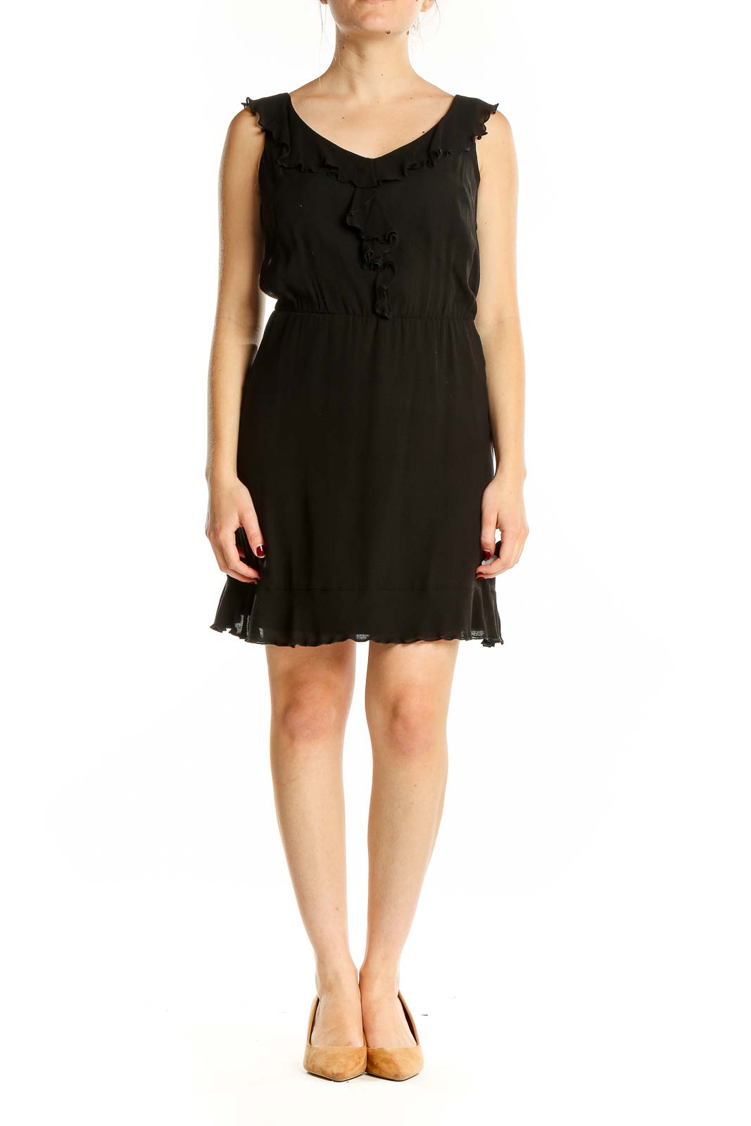 Front view of black ruffled sleeveless cocktail dress by White House Black Market