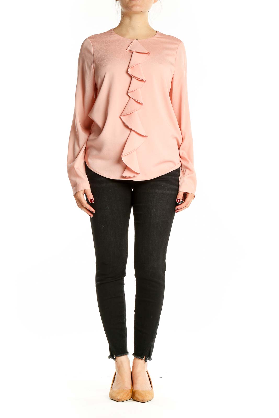 Front view of pink ruffled long sleeve blouse by Karl Lagerfeld