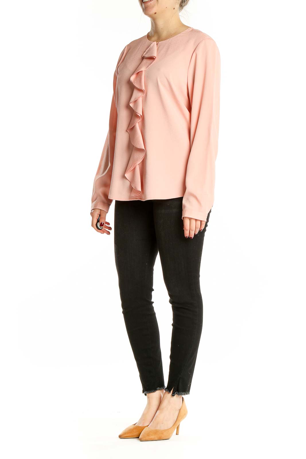 Front view of pink ruffled long sleeve blouse by Karl Lagerfeld