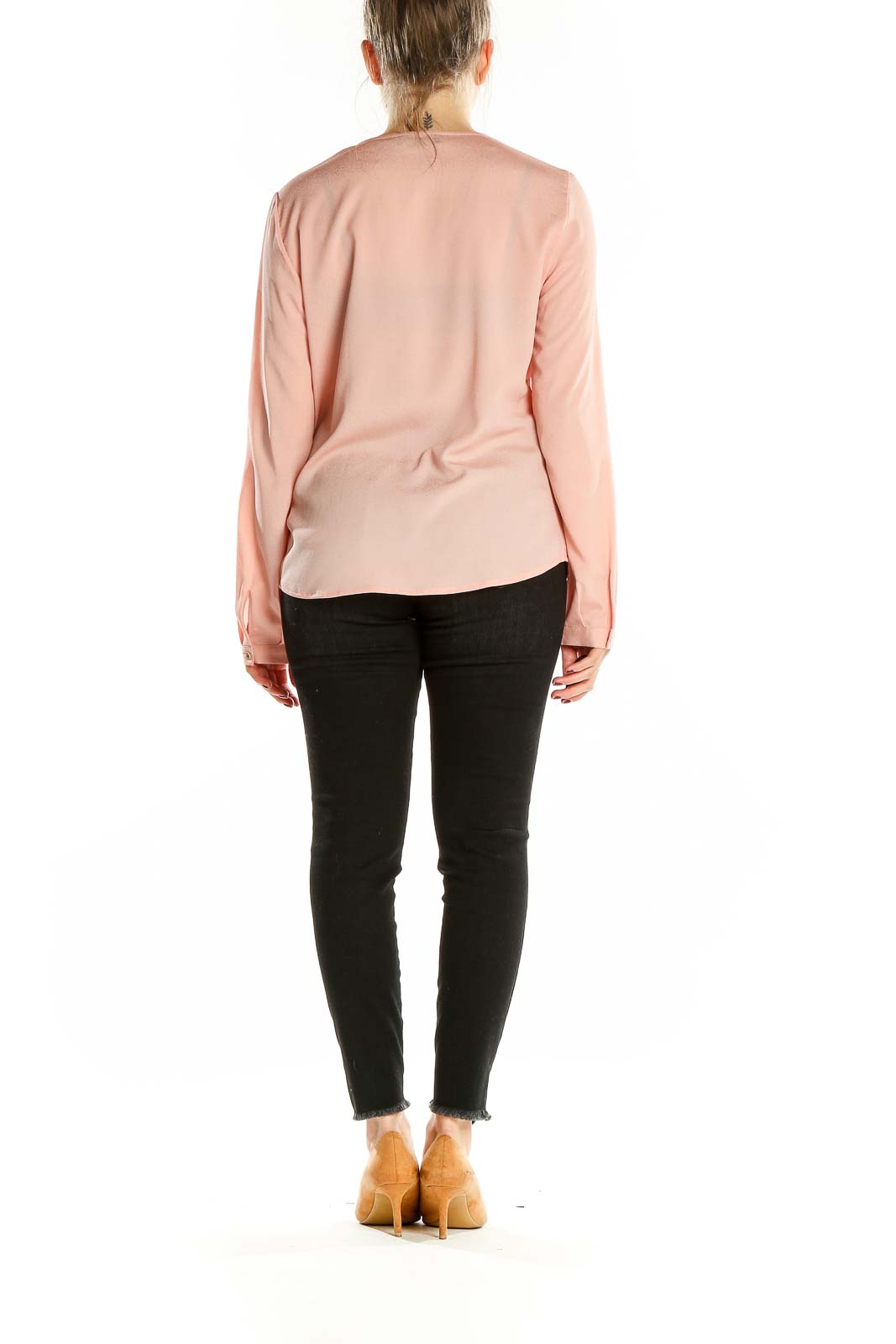 Back view of pink long sleeve blouse by Karl Lagerfeld