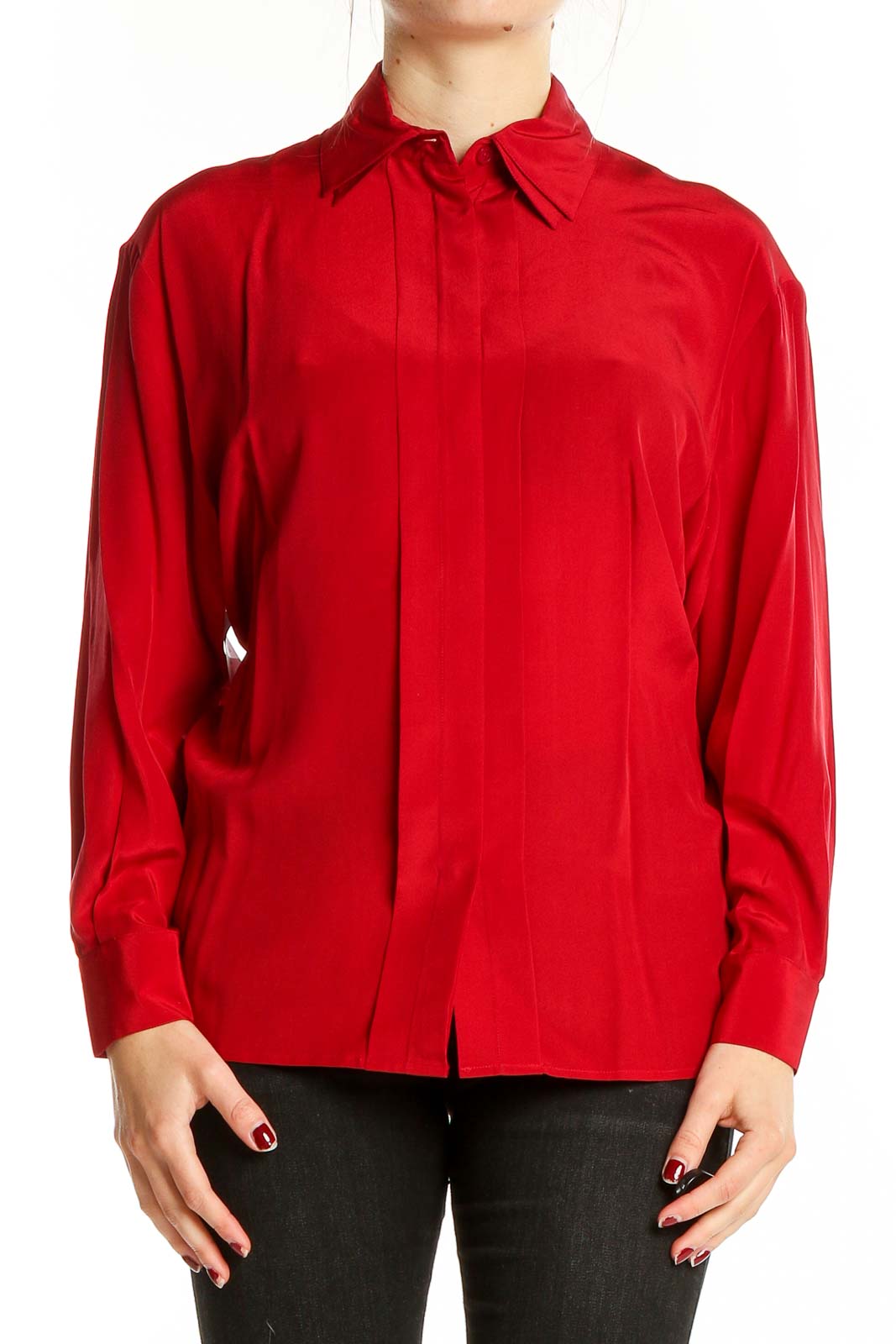 Red Silk Long-Sleeve Button-Up Blouse