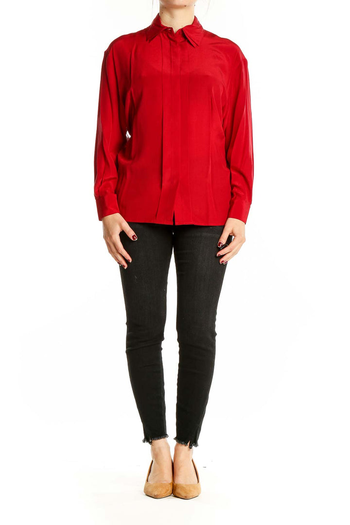 Red Silk Long-Sleeve Button-Up Blouse