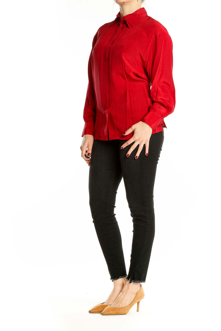 Red Silk Long-Sleeve Button-Up Blouse