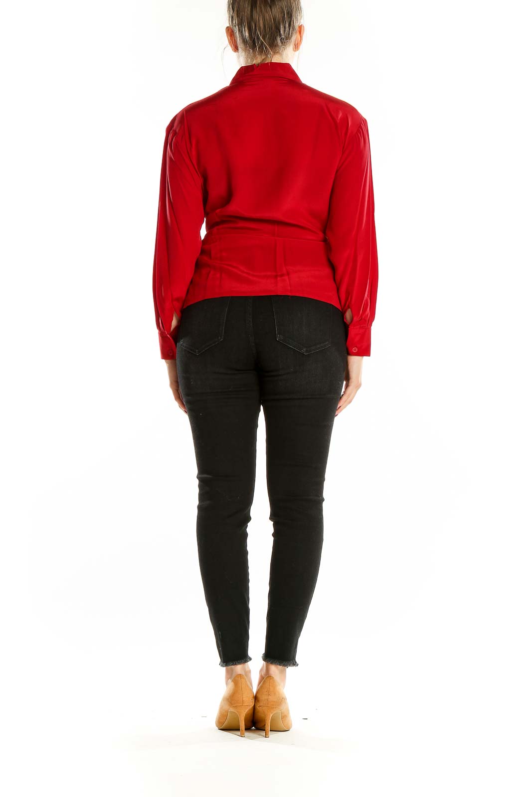 Red Silk Long-Sleeve Button-Up Blouse