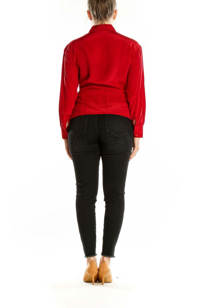 Red Silk Long-Sleeve Button-Up Blouse