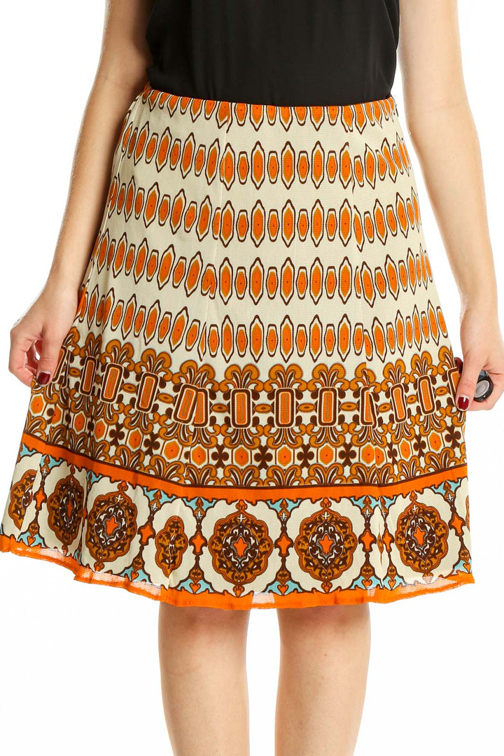 Front view of Nicole by Nicole Miller orange geometric print A-line skirt