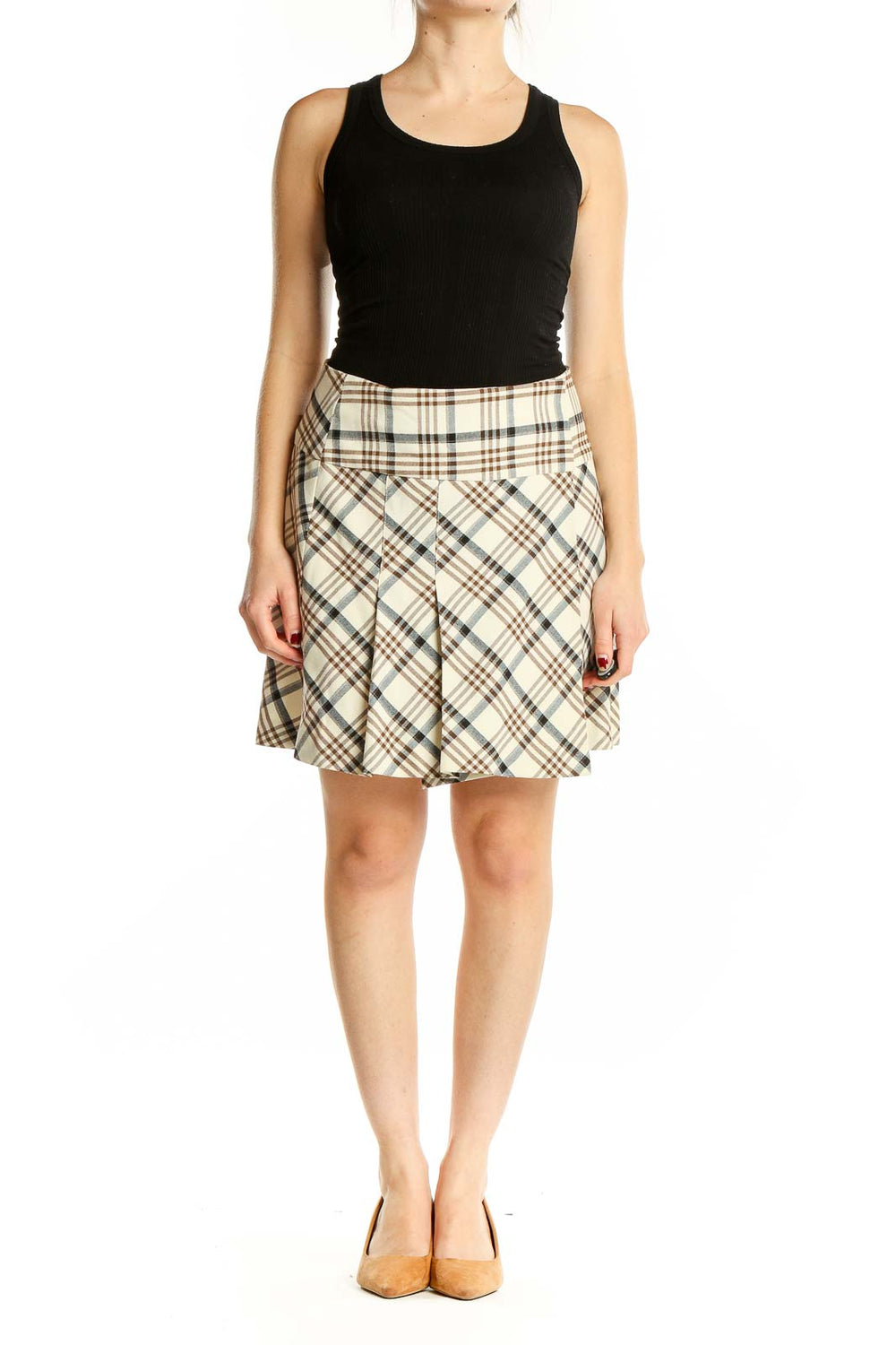 Front view of The Limited beige plaid pleated mini skirt