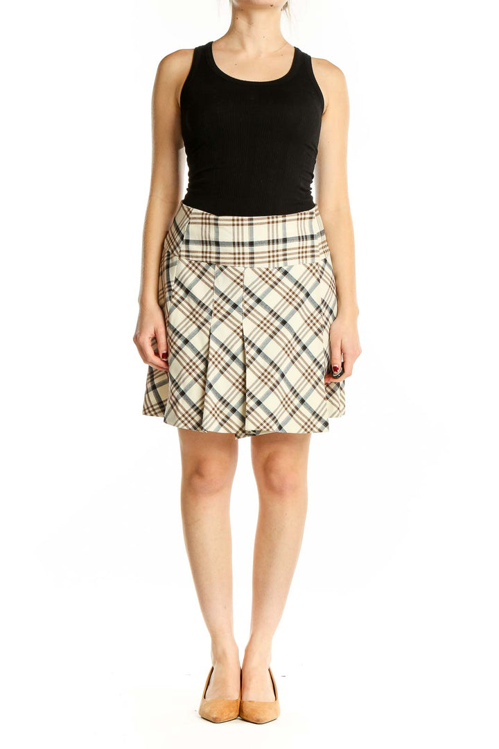 Front view of The Limited beige plaid pleated mini skirt