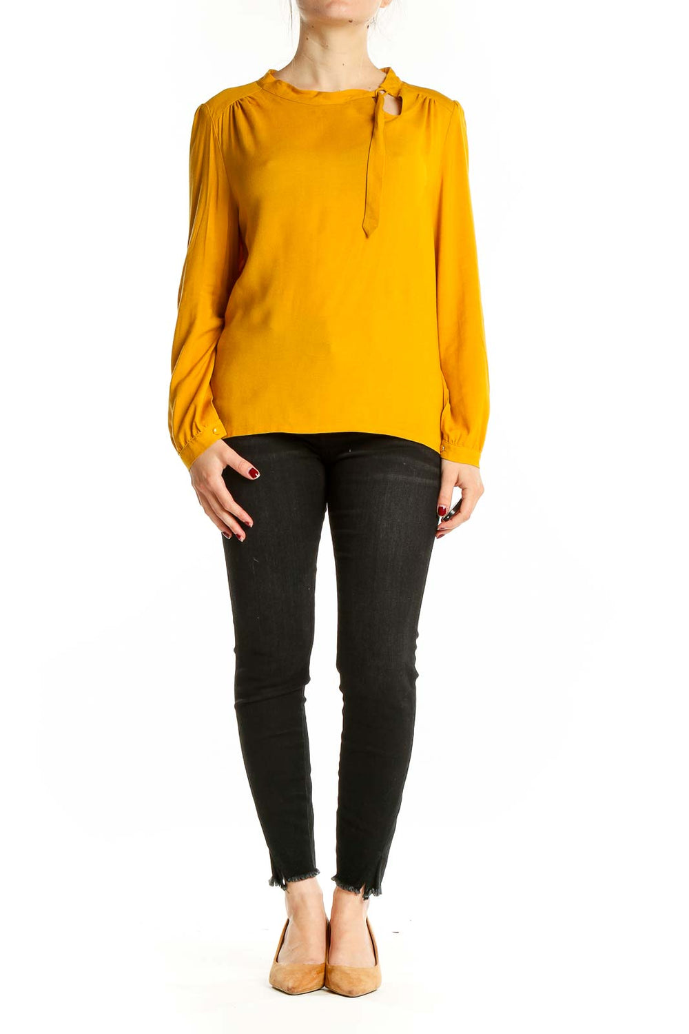 Front view of Anne Willi mustard long-sleeve blouse with tie neckline