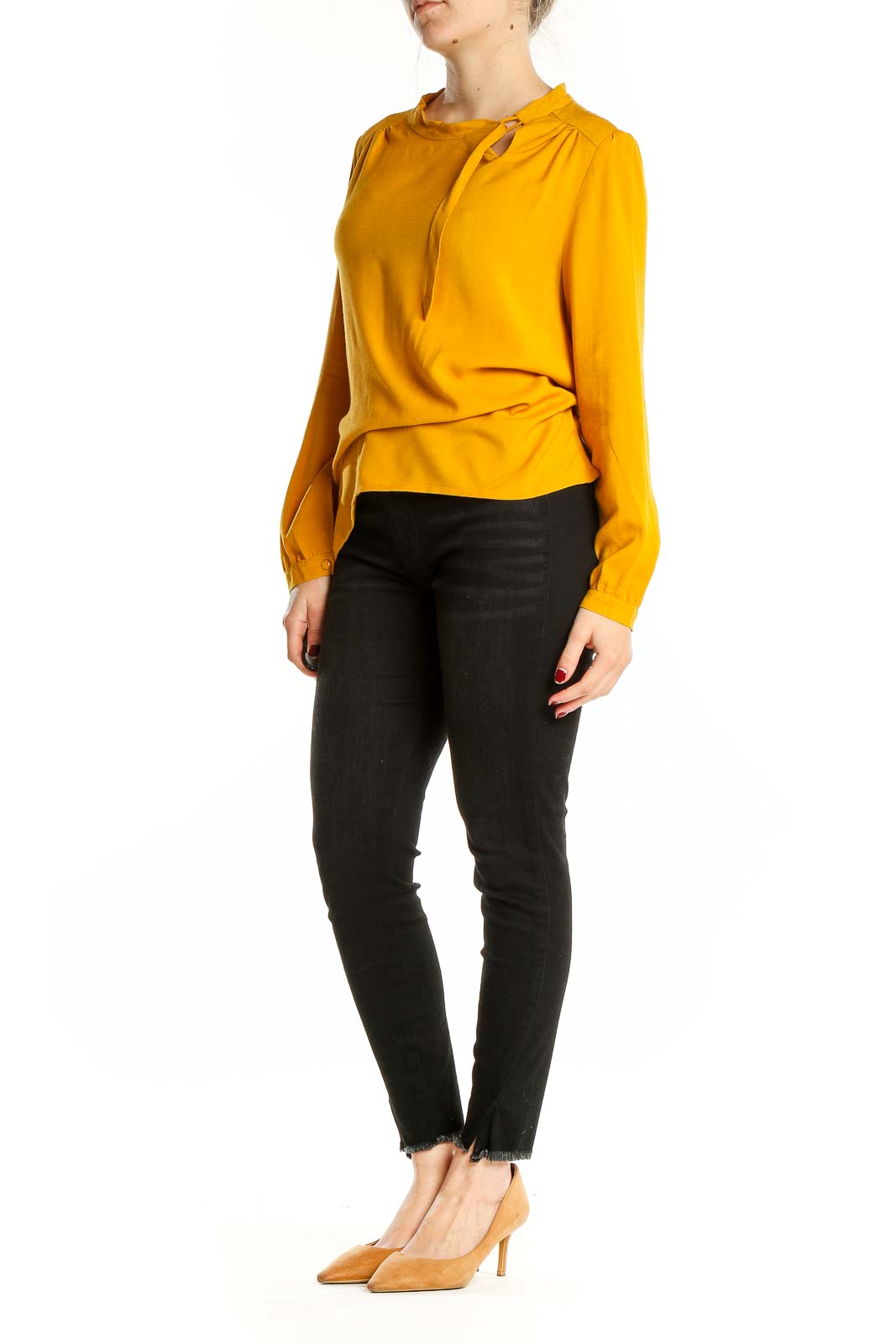 Front view of Anne Willi mustard long-sleeve blouse with tie neckline