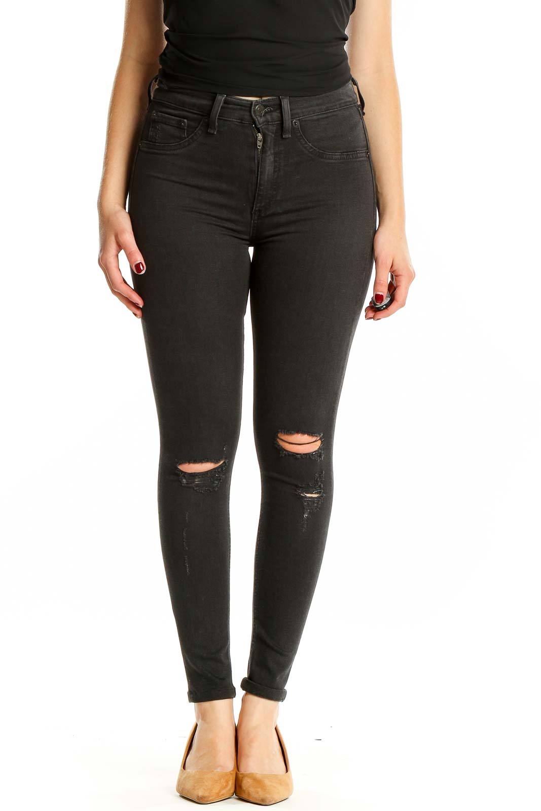 Front view of Rag & Bone black distressed high-waisted skinny jeans
