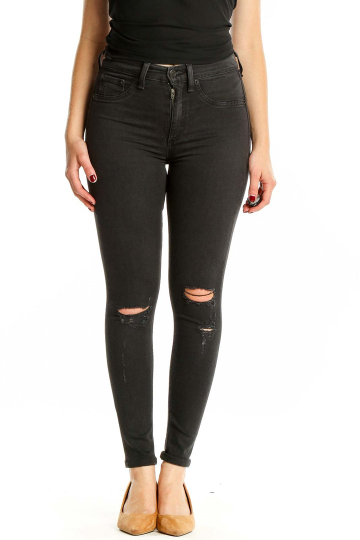 Front view of Rag & Bone black distressed high-waisted skinny jeans