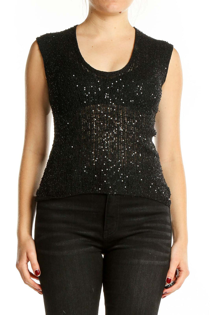 Front view of Adrienne Vittadini black sequined sleeveless silk top