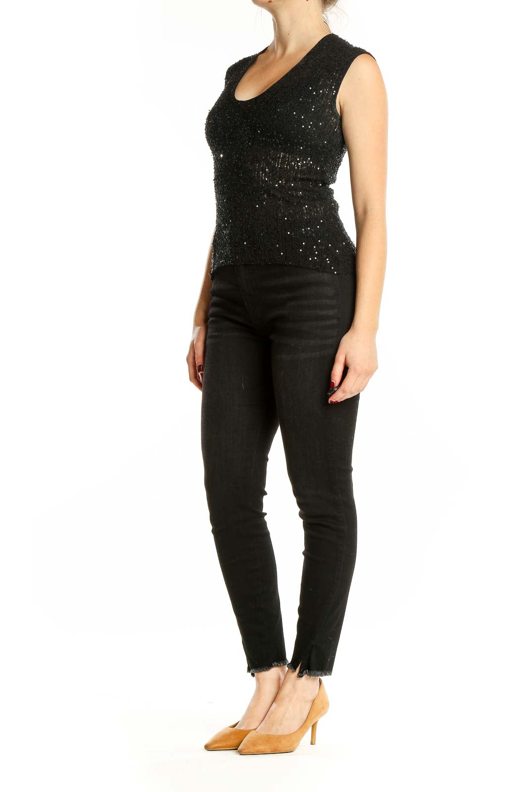 Front view of Adrienne Vittadini black sequined sleeveless silk top