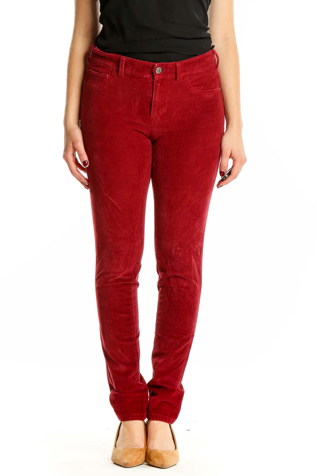 Front view of red corduroy slim fit pants by Pilcro and the Letterpress