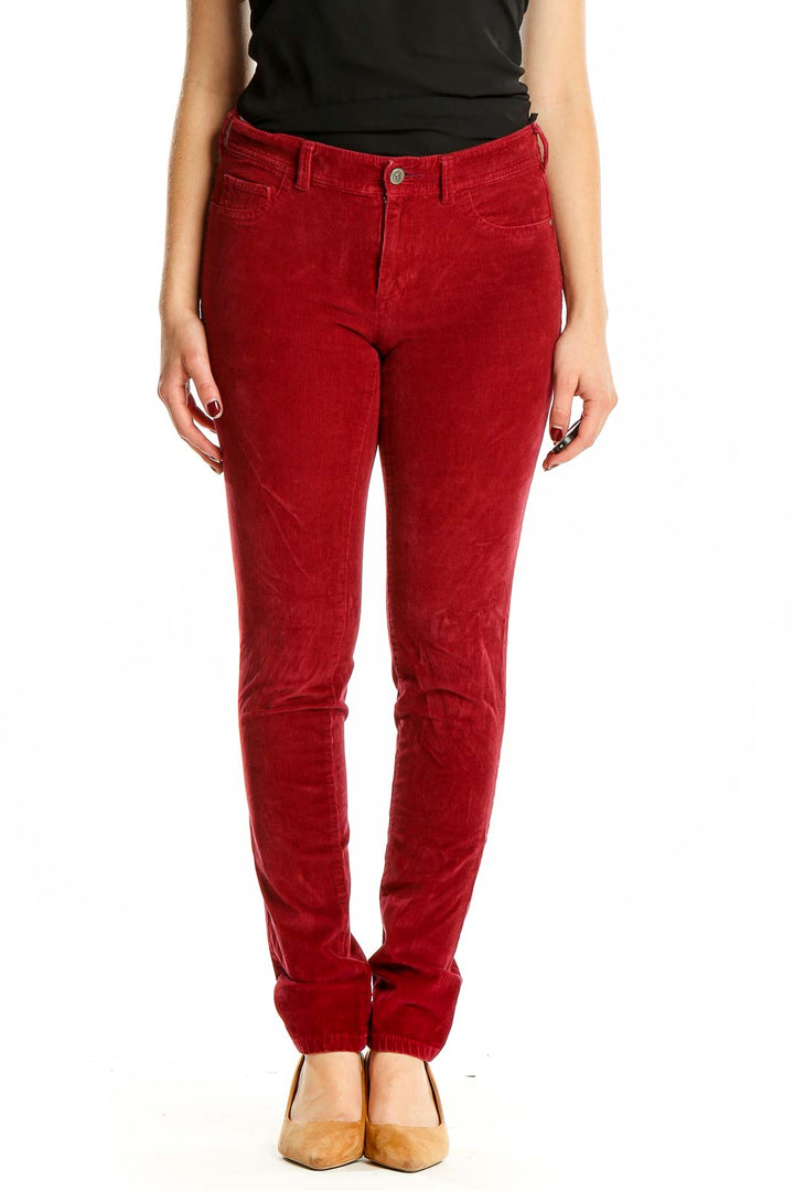 Front view of red corduroy slim fit pants by Pilcro and the Letterpress