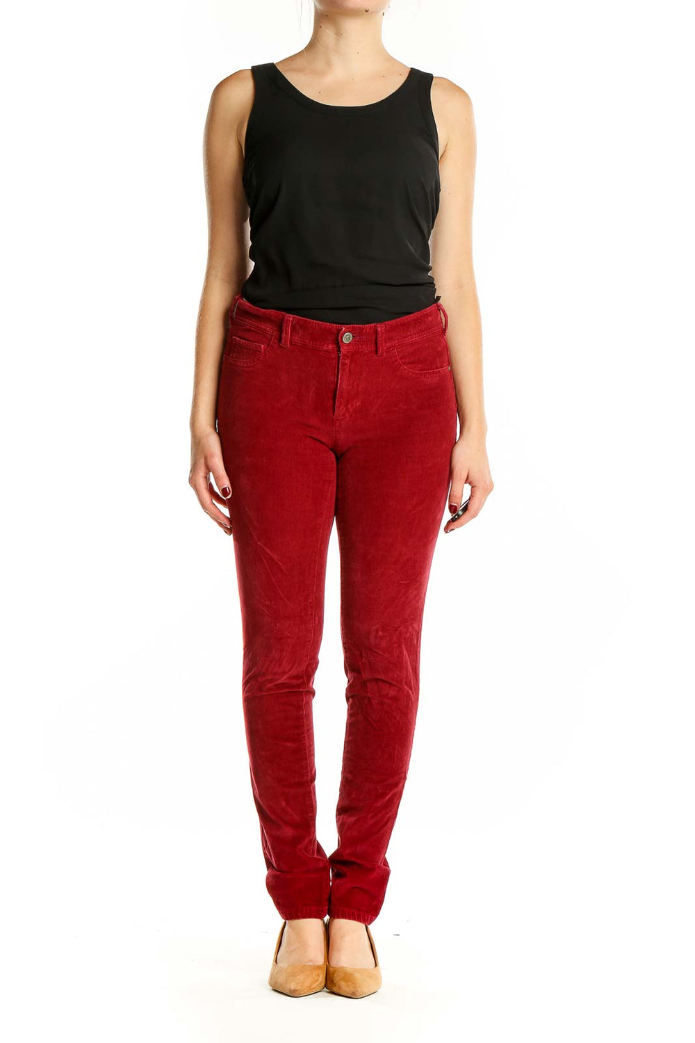 Front view of red corduroy slim fit pants by Pilcro and the Letterpress