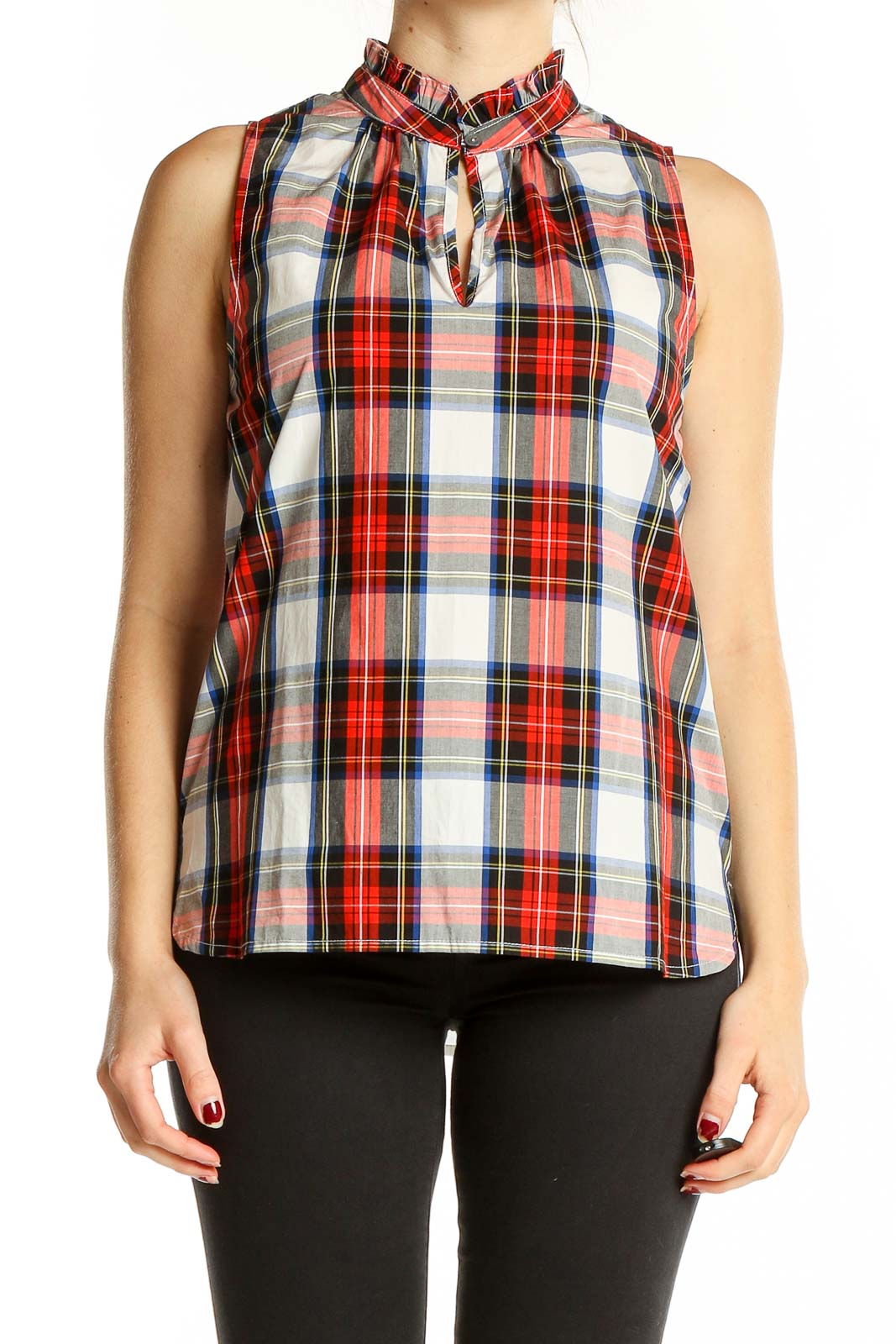 Front view of J.Crew red plaid sleeveless top with mock neck