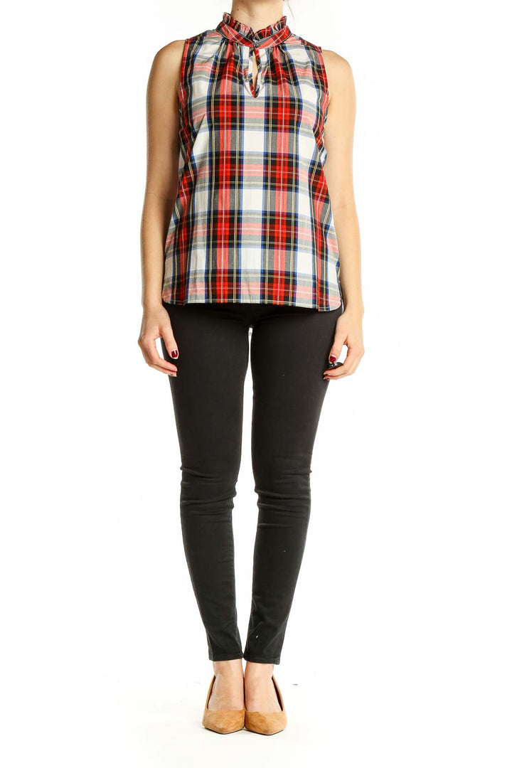 Front view of J.Crew red plaid sleeveless top with mock neck