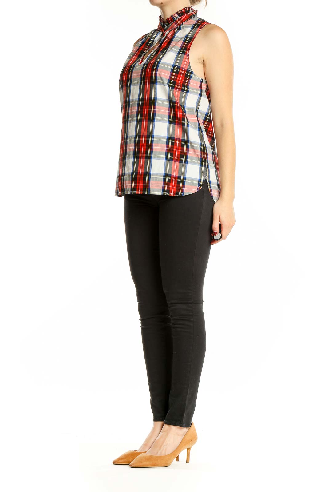 Front view of J.Crew red plaid sleeveless top with mock neck
