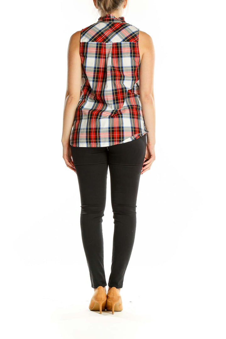 Back view of J.Crew red plaid sleeveless top showing gathered detail