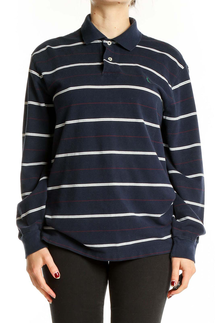Front view of Polo Ralph Lauren navy striped long sleeve cotton polo shirt