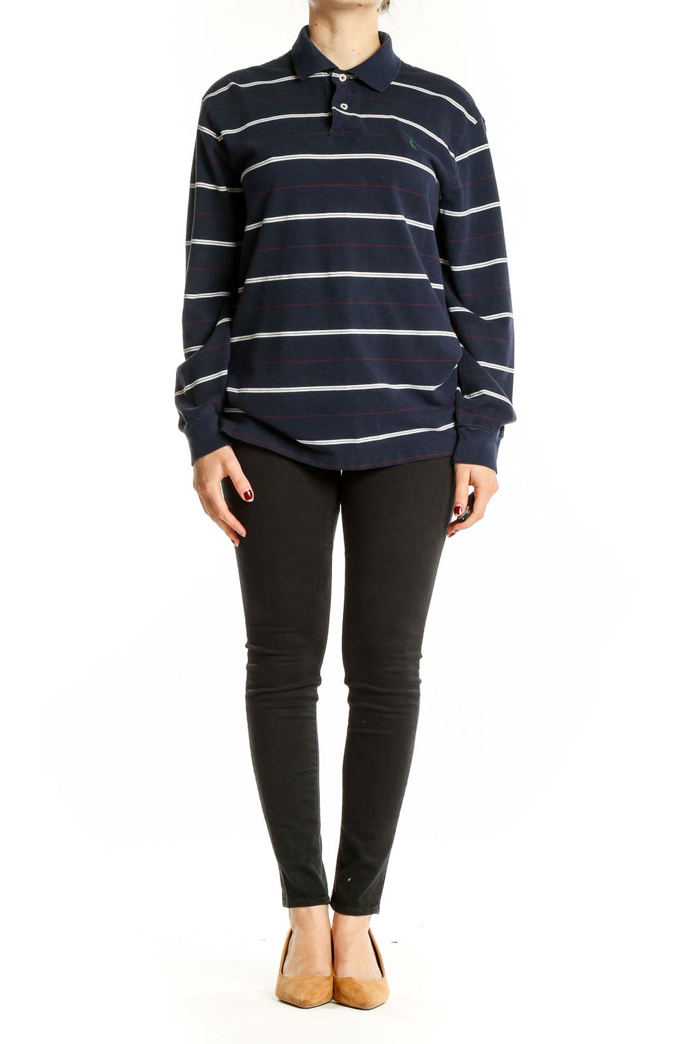 Front view of Polo Ralph Lauren navy striped long sleeve cotton polo shirt