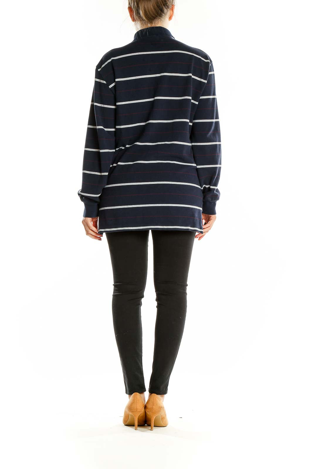 Back view of Polo Ralph Lauren navy striped long sleeve cotton polo shirt
