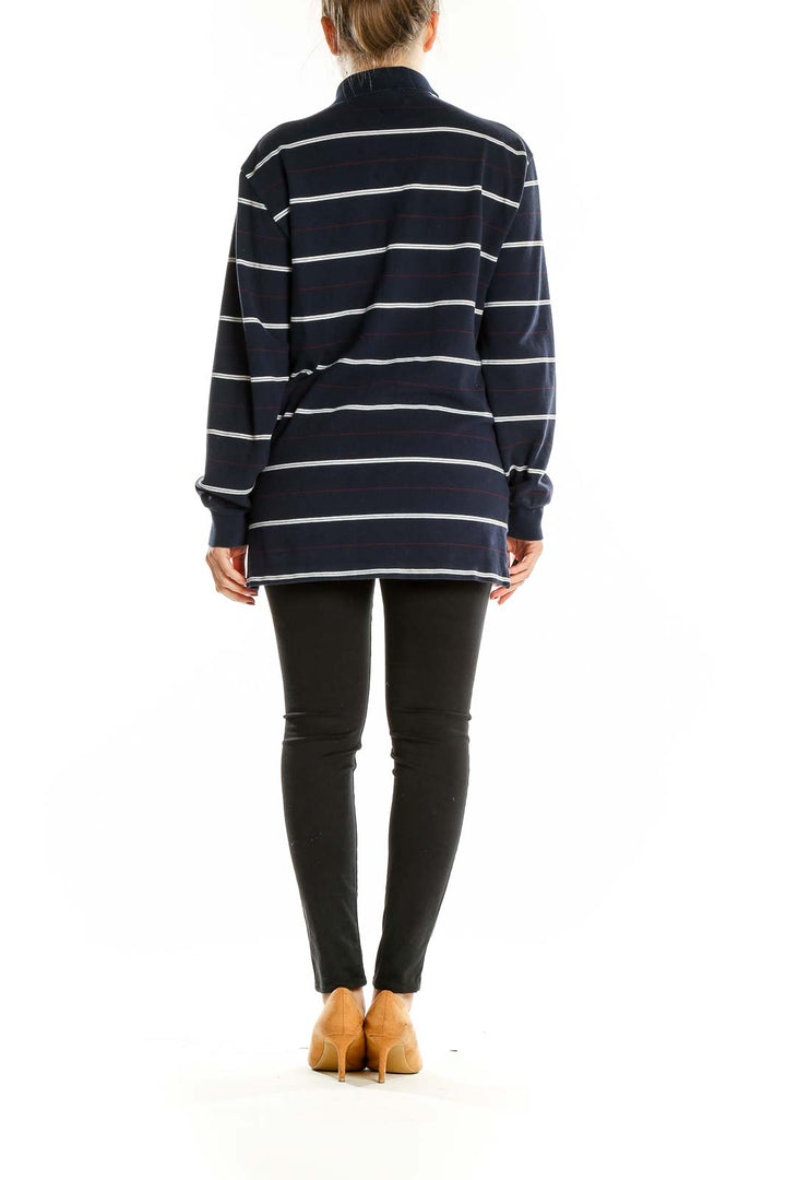 Back view of Polo Ralph Lauren navy striped long sleeve cotton polo shirt